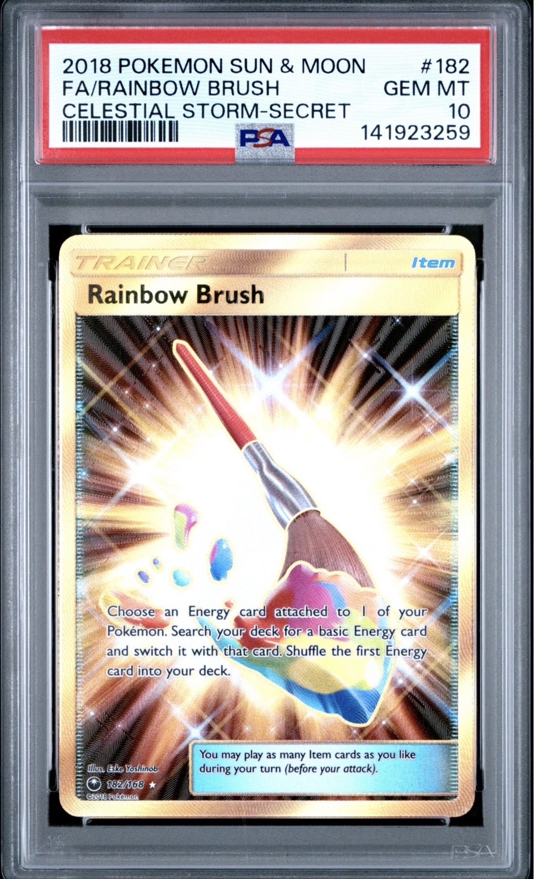 Pokemon TCG, 2018 Pokemon, Sun and Moon, Celestial Storm, Rainbow Brush #182, PSA 10, POP 43
