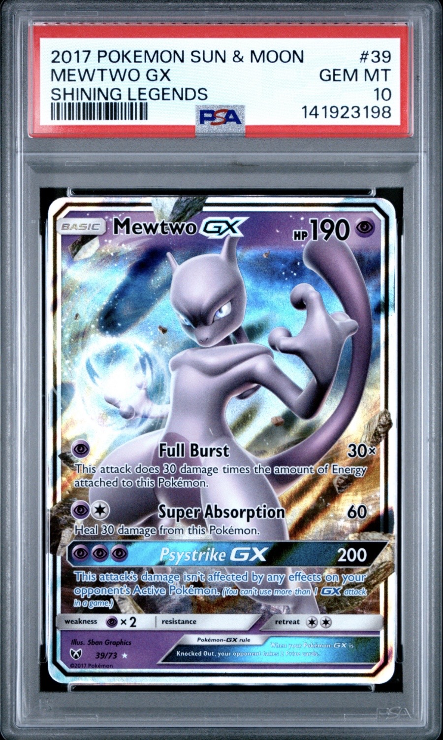Pokemon TCG, 2017 Pokemon, Sun and Moon, Shining Legends, Mewtwo Gx #39, PSA 10, POP 1109