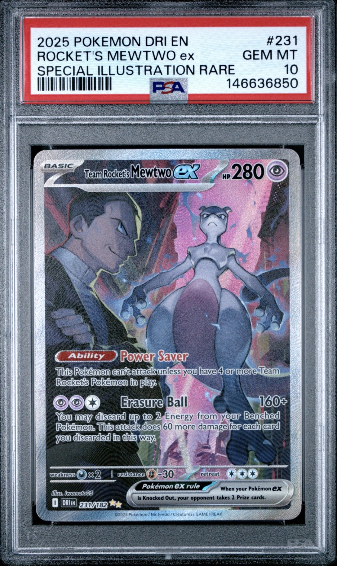 Pokemon TCG, 2025 Pokemon, Scarlet and Violet, Destined Rivals, Special Illustration Rare, Team Rocket's Mewtwo Ex #231, PSA 10