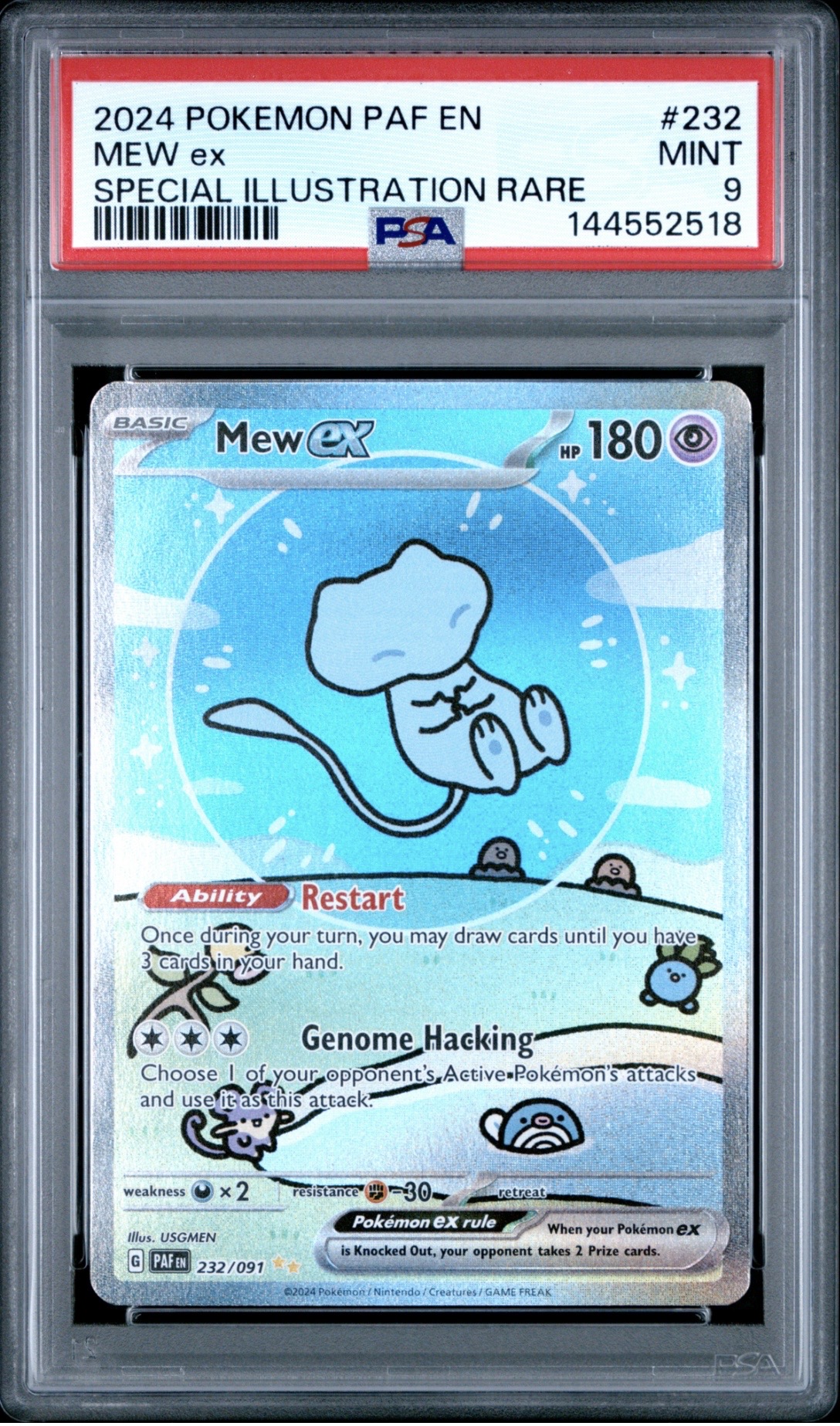 Pokemon TCG, 2024 Pokemon, Scarlet and Violet, Paldean Fates, Special Illustration Rare, Mew Ex #232, PSA 9