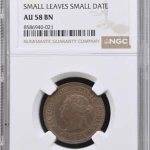 Canada, 1 Cent 1891 "Small Leaves Small Date", KM 7, Kva. 0-01, Graderet AU 58 BN af NGC.