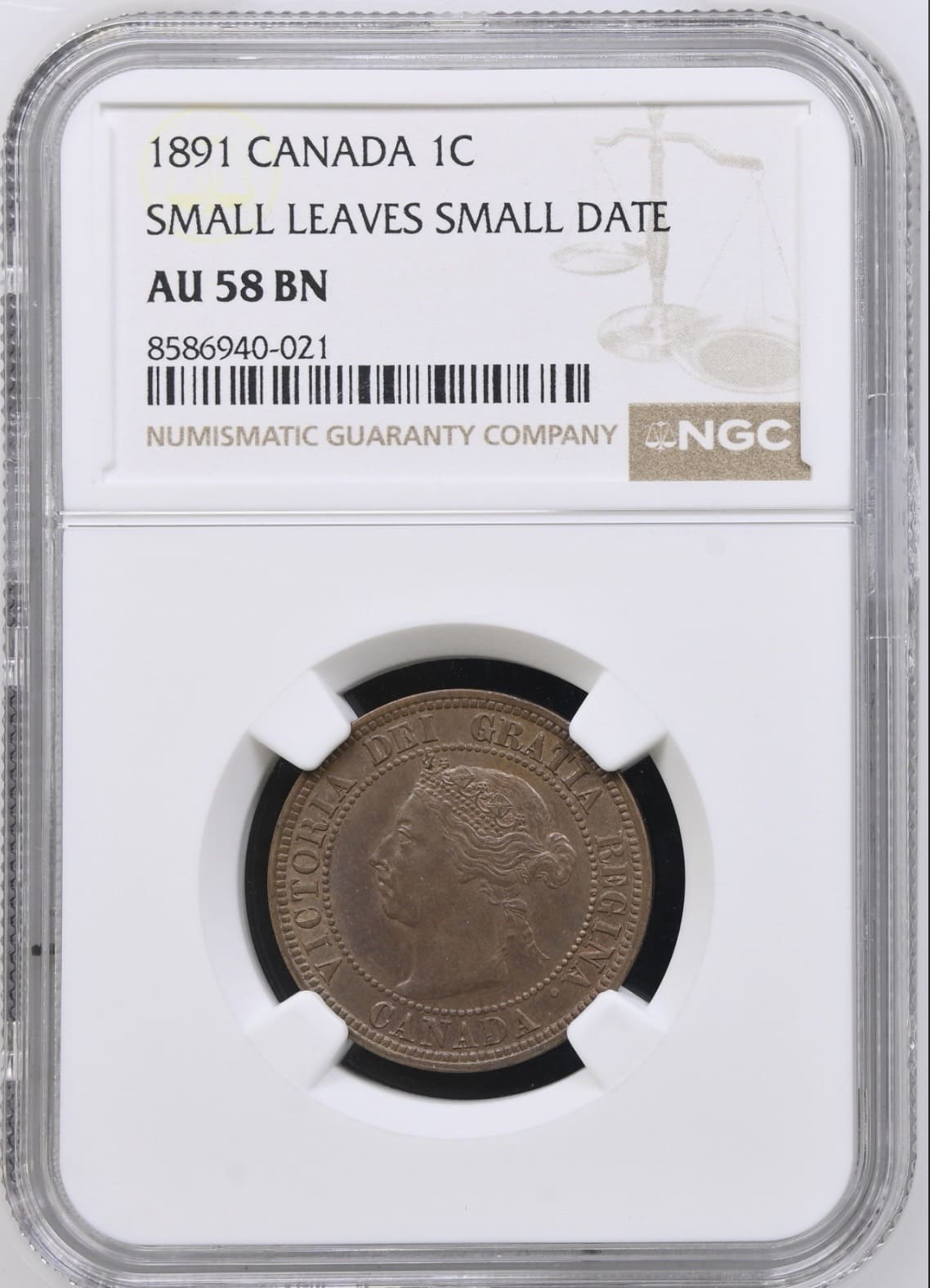 Canada, 1 Cent 1891 "Small Leaves Small Date", KM 7, Kva. 0-01, Graderet AU 58 BN af NGC.