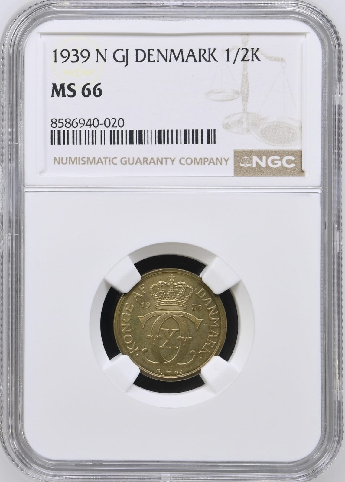 1939, 1/2 krone, Chr.X, Sieg 1.2, Hede 22B, Kva. M, Graderet MS 66 af NGC, "Single TOP POP"