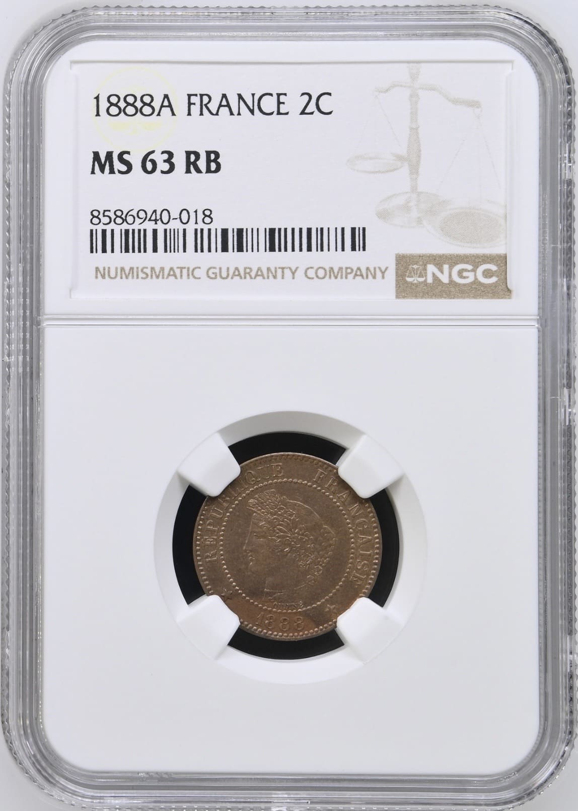 Frankrig, 2 cent 1888A, KM 827.1, N 1135, Kva. 0, Graderet MS 63 RB af NGC