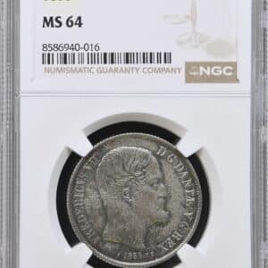 1855 FF, 1 rigsdaler, Fre.VII, Sieg 13.2, Hede 8B, Kva. 0, Graderet MS 64 af NGC "TOP POP"