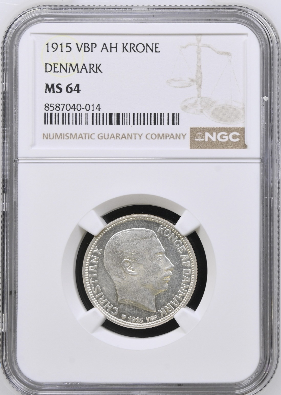 1915, 1 krone, Chr.X, Sieg 2, Hede 9, Kva. 0 "Medaljeprægskarakter" Graderet MS 64 af NGC