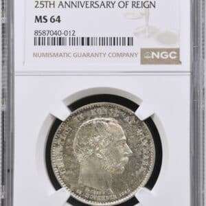 1888, 2 kroner, Chr.IX 25 års regeringsjubilæum, Sieg 1, Hede 10, Kva. 0, Graderet MS 64 af NGC