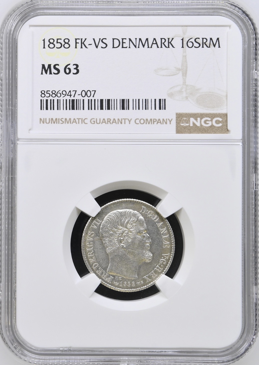 1858, 16 skilling, Fre.VII, Sieg 11, Hede 10B, Kva. 0 "Medaljeprægskarakter" Graderet MS 63 af NGC
