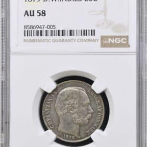 Dansk Vestindien, 20 cent 1879, Chr.IX, Sieg 23, Hede 25, KM 71, Kva. 0-01 "Medaljeprægskarakter" Graderet AU 58 af NGC