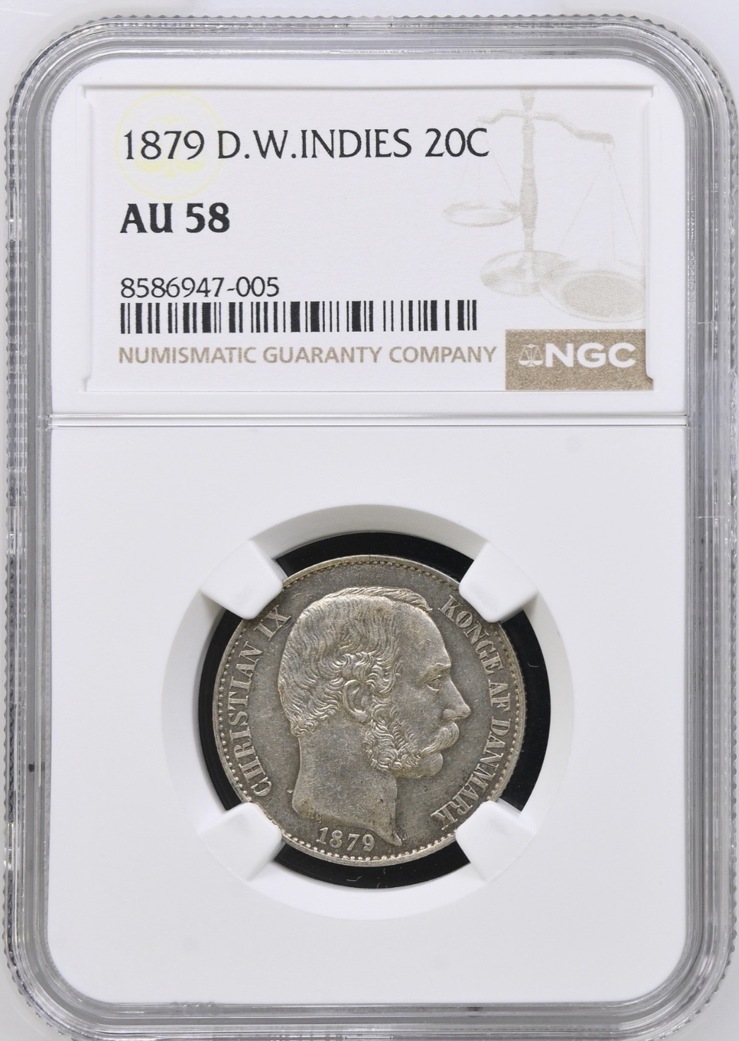 Dansk Vestindien, 20 cent 1879, Chr.IX, Sieg 23, Hede 25, KM 71, Kva. 0-01 "Medaljeprægskarakter" Graderet AU 58 af NGC