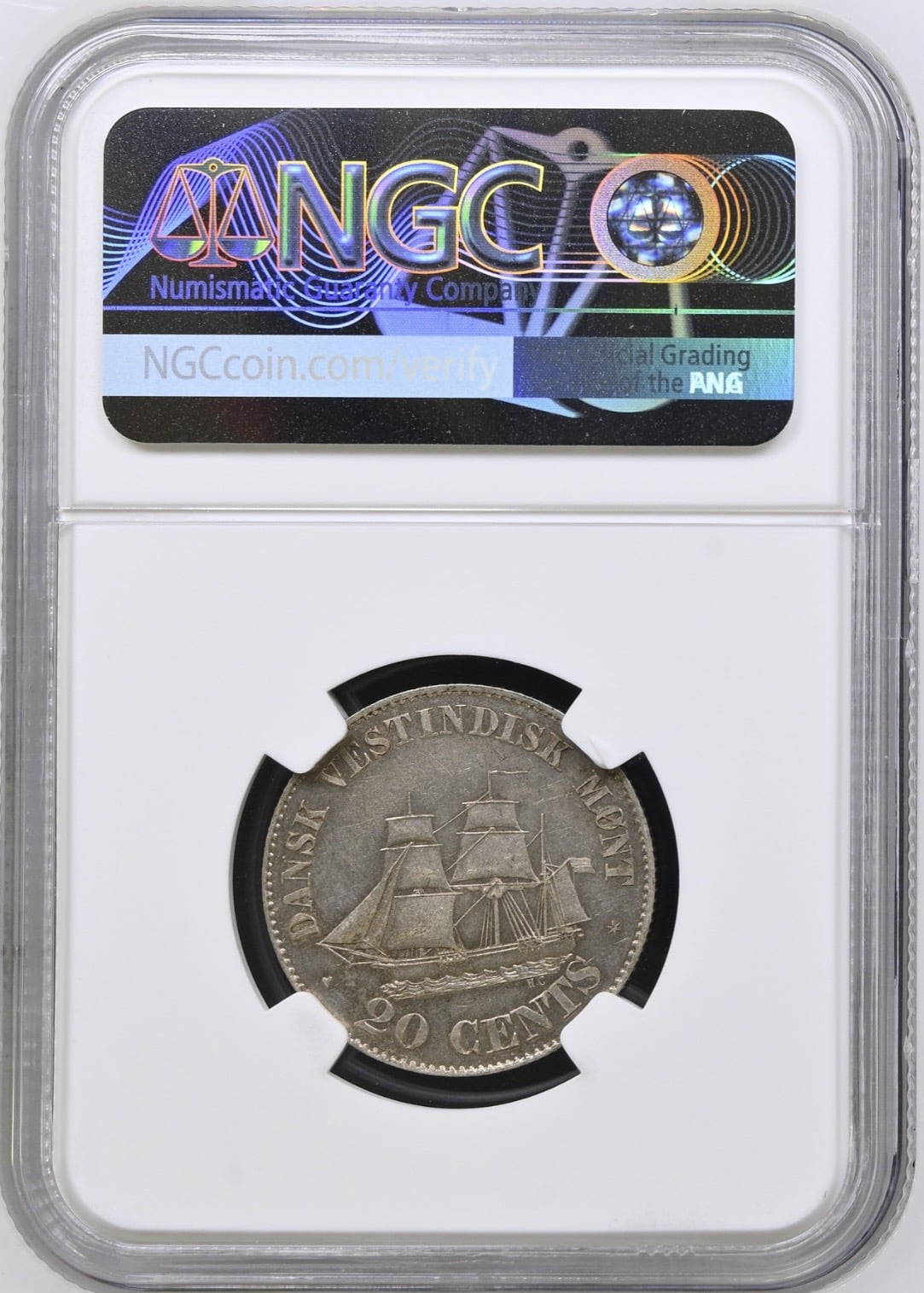Dansk Vestindien, 20 cent 1879, Chr.IX, Sieg 23, Hede 25, KM 71, Kva. 0-01 "Medaljeprægskarakter" Graderet AU 58 af NGC - Image 2