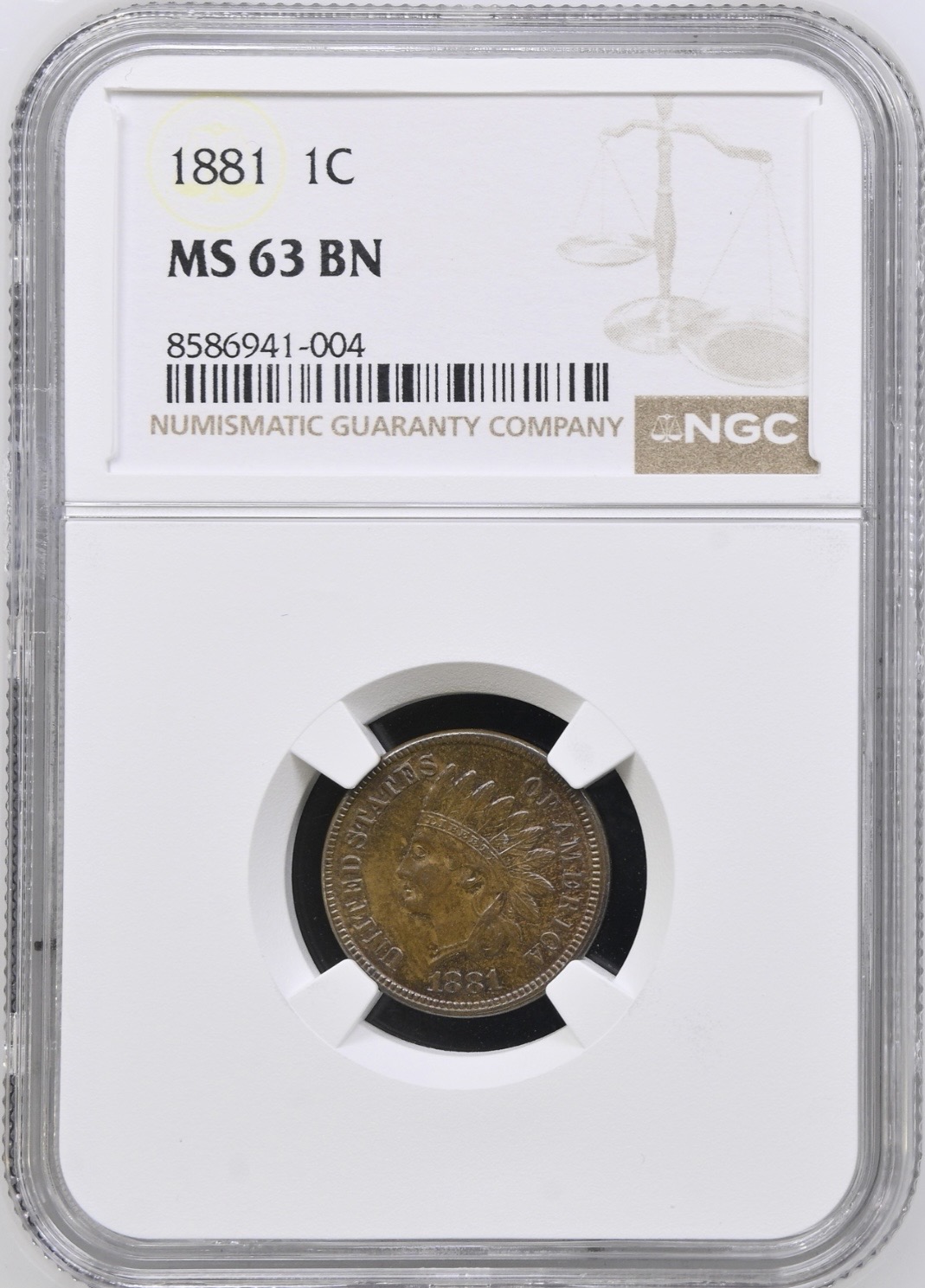 USA, 1 cent 1881 "Indien Head", KM 90a, Kva. 0, Graderet MS 63 BN af NGC
