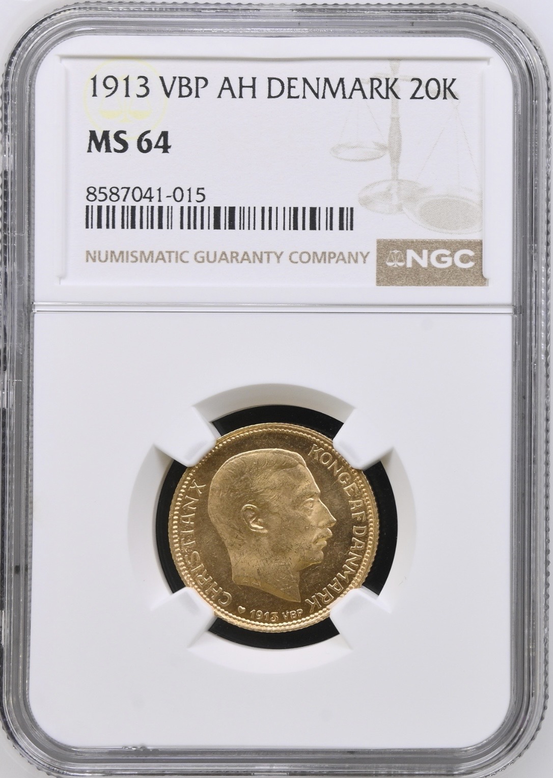 1914, 20 kroner, Chr.X, Sieg 3.1, Hede 1A, Kva. 0, Graderet MS 64 af NGC