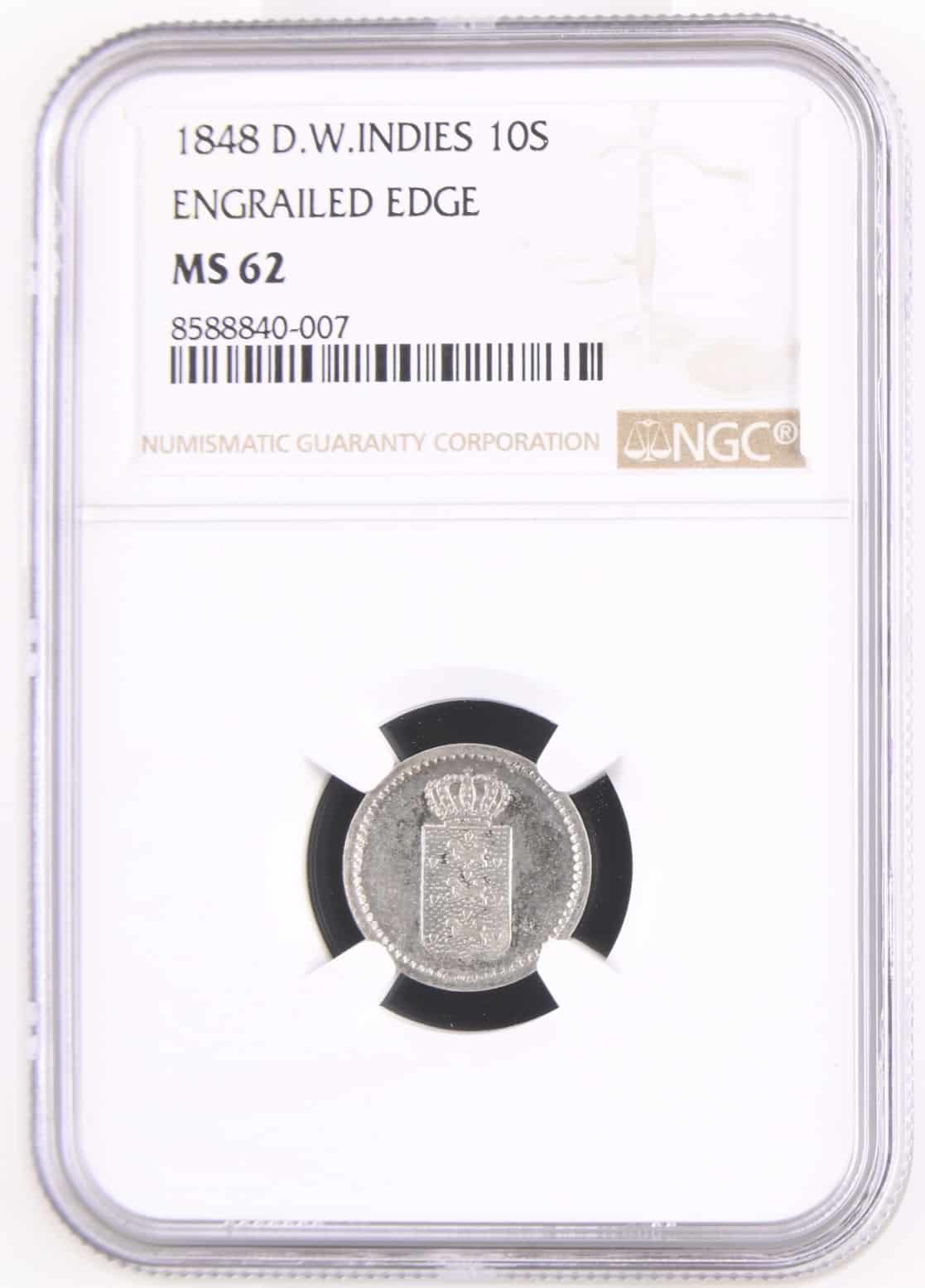 Dansk Vestindien, 10 skilling 1848 rillet rand, Sieg 12.3, Hede 17, KM 20.1, Kva. 0 "Medaljeprægskarakter" Graderet MS 62 af NGC