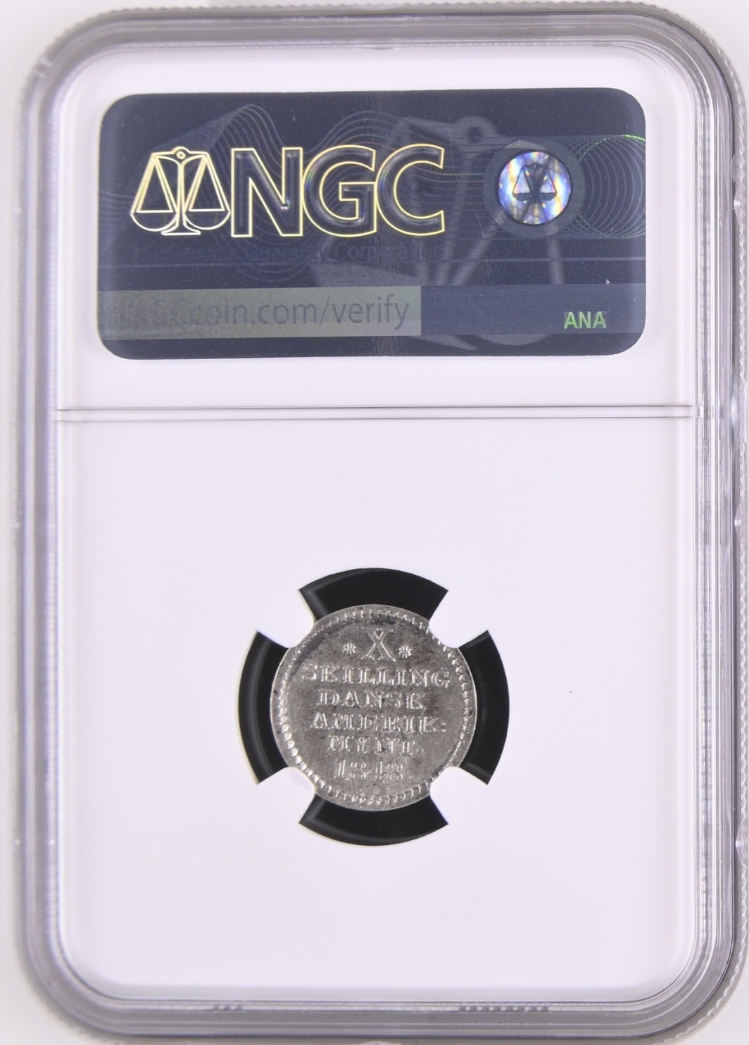 Dansk Vestindien, 10 skilling 1848 rillet rand, Sieg 12.3, Hede 17, KM 20.1, Kva. 0 "Medaljeprægskarakter" Graderet MS 62 af NGC - Image 2