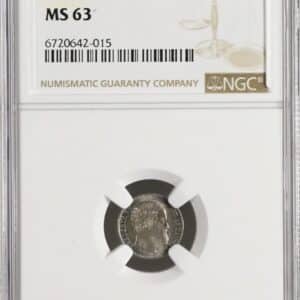 Dansk Vestindien, 3 cent 1859, Fre.VII, Sieg 16, Hede 22, KM 64, Kva. 0, Graderet MS 63 af NGC