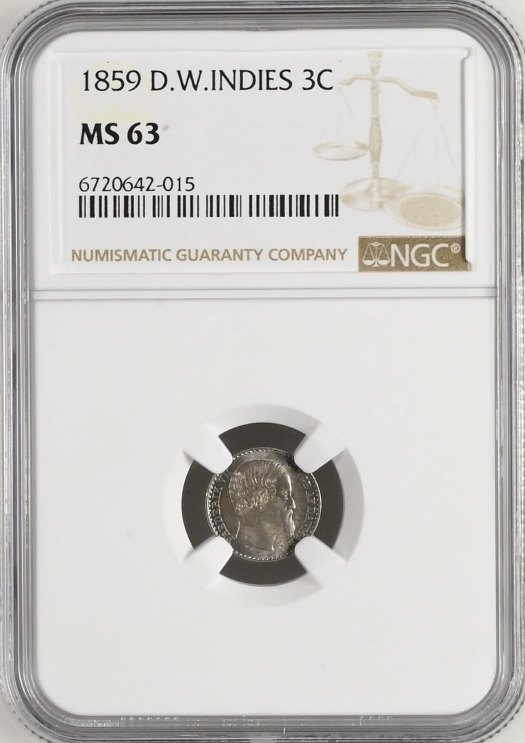Dansk Vestindien, 3 cent 1859, Fre.VII, Sieg 16, Hede 22, KM 64, Kva. 0, Graderet MS 63 af NGC