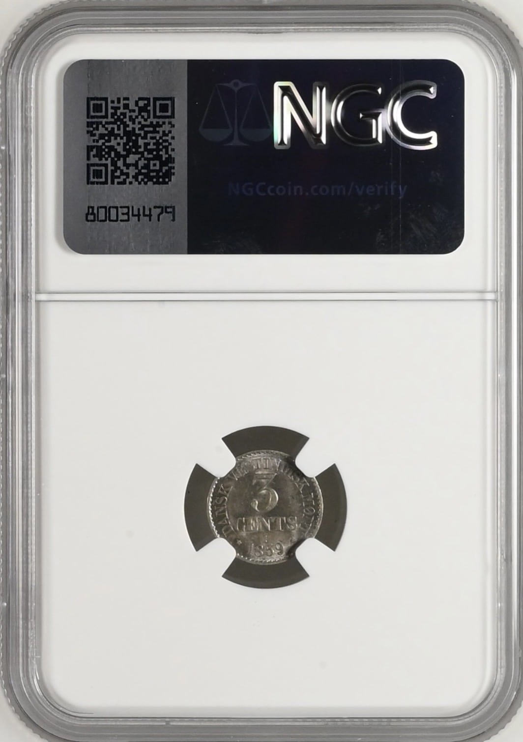 Dansk Vestindien, 3 cent 1859, Fre.VII, Sieg 16, Hede 22, KM 64, Kva. 0, Graderet MS 63 af NGC - Image 2