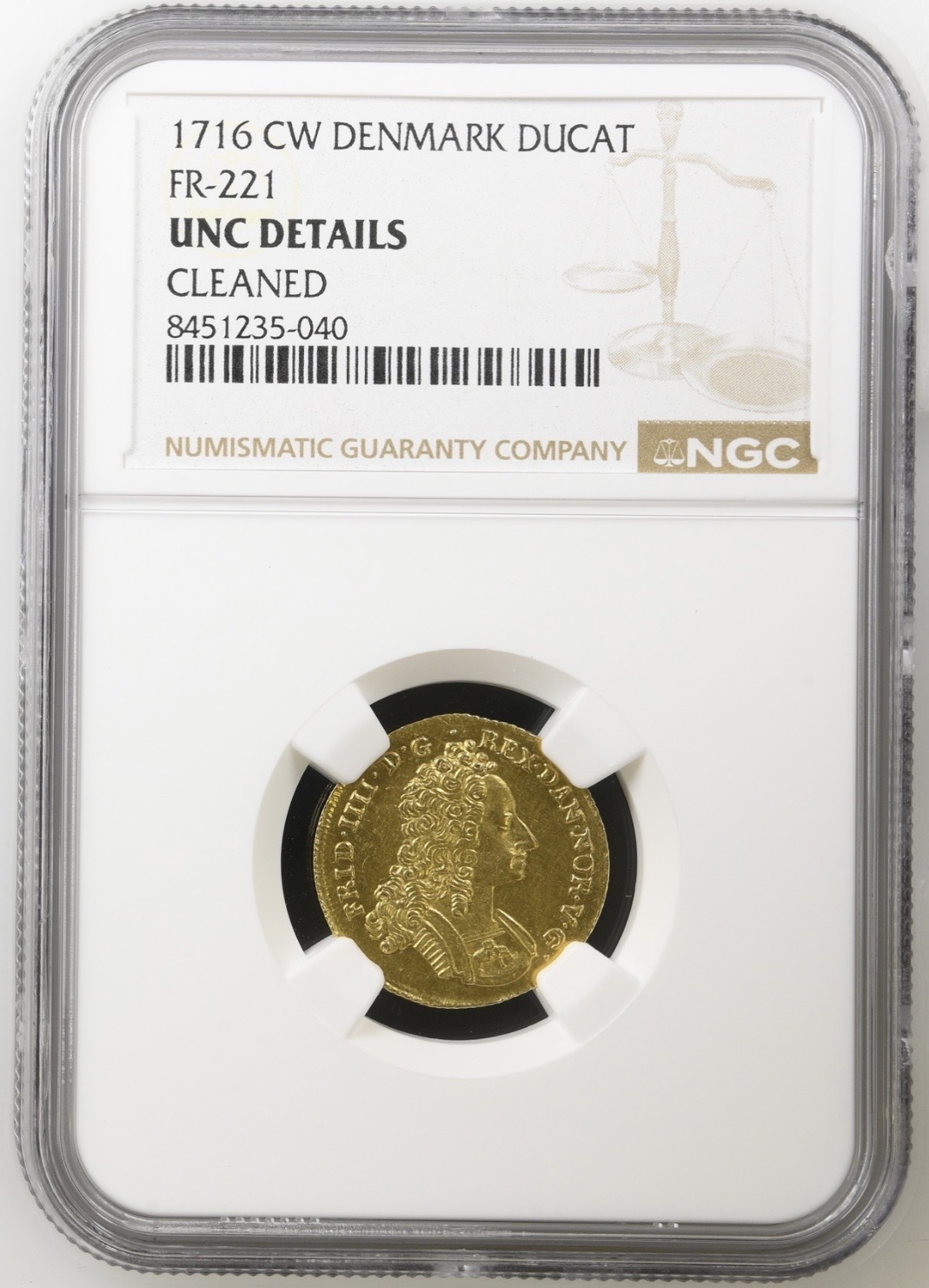 1716, 1 Kurant dukat, Fre.IV, Sieg 26, Hede 31, Kva. 0-01 "Svag renset" Graderet UNC Details Cleaned af NGC.