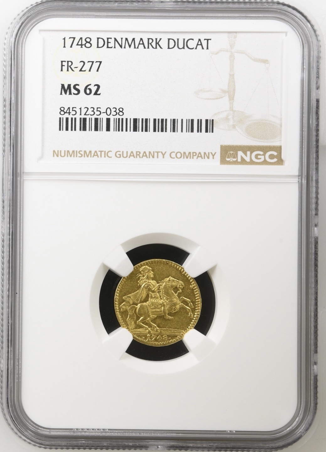 1748, Dukat, Fre.V, Sieg 36, Hede 15, Kva. 0-01, Graderet MS 62 af NGC