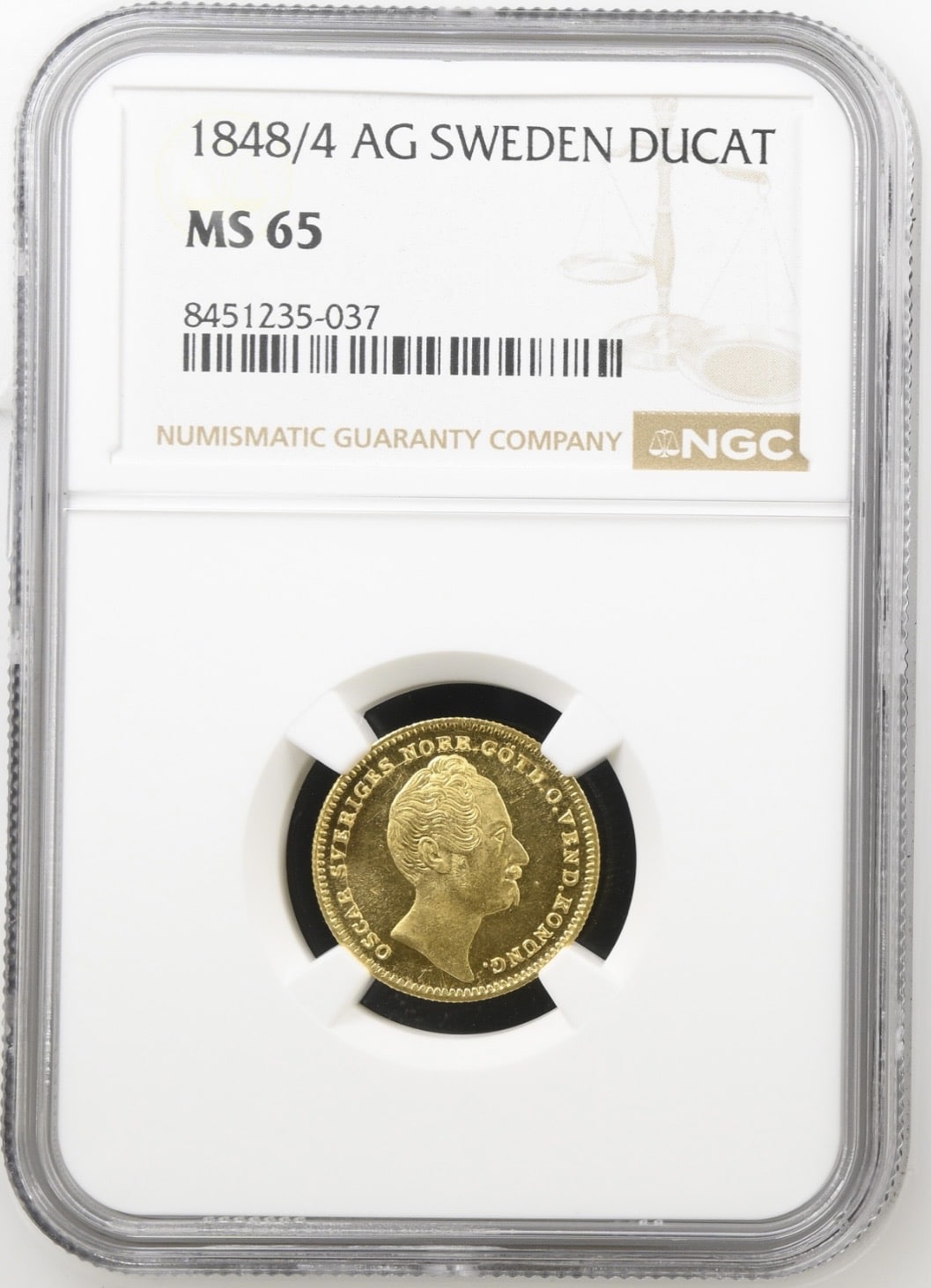 Sverige, dukat 1848/4, Sieg 28, SM 12, KM 668, Kva. 0, Graderet MS 65 af NGC "TOP POP"