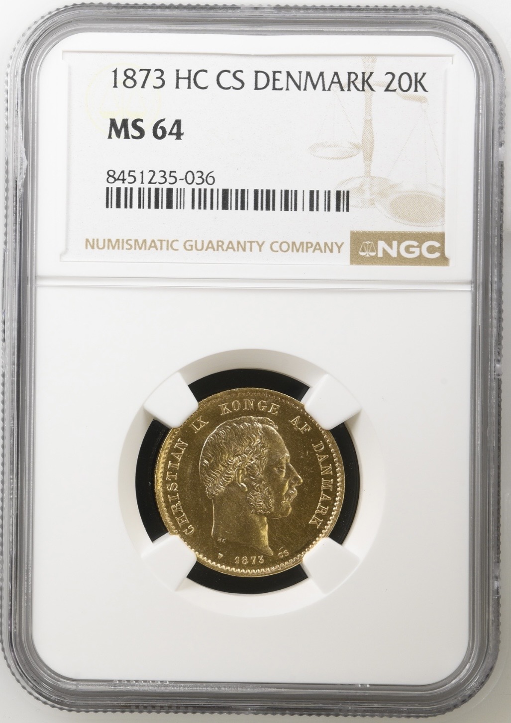 1873 HC, 20 kroner, Chr.IX, Sieg 1.1, Hede 8A, Kva. 0 "Medaljeprægskarakter" Graderet MS 64 af NGC