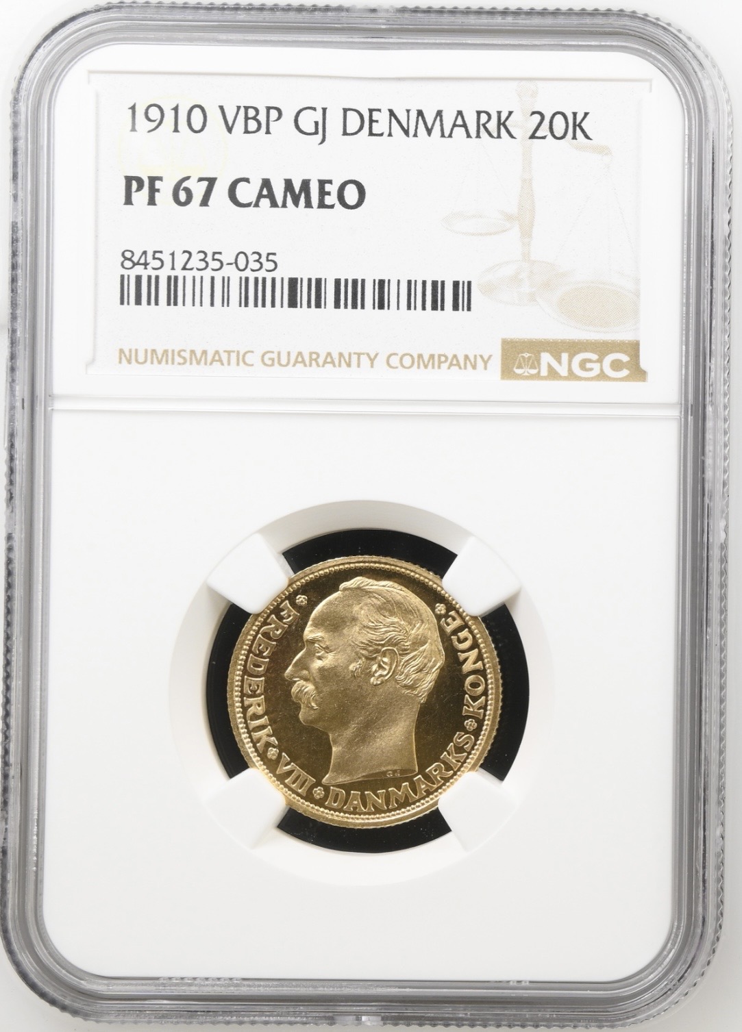 1910 VBP, 20 kroner, Fre.VIII, Sieg 2, Hede 1, Kva. Proof, Graderet PF 67 CAMEO af NGC.