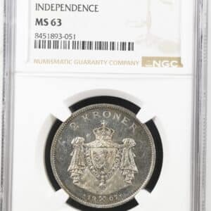 Norge, 2 kroner 1907 Independence, Sieg 70, NM 4, Kva. 0, Graderet MS 63 af NGC