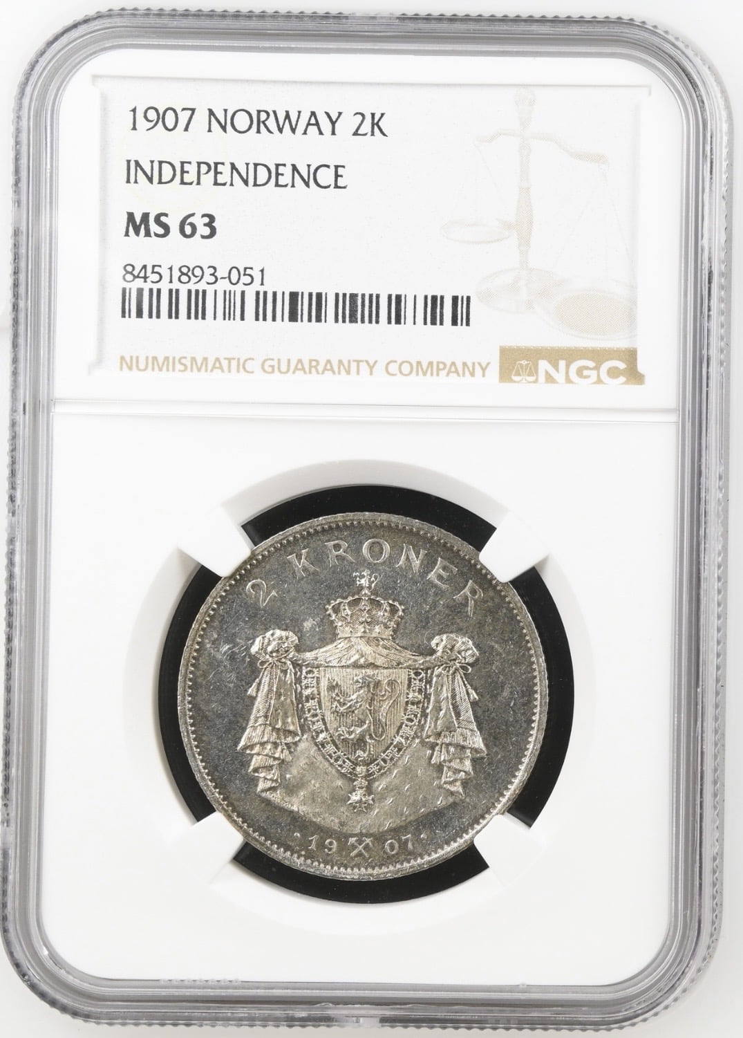 Norge, 2 kroner 1907 Independence, Sieg 70, NM 4, Kva. 0, Graderet MS 63 af NGC
