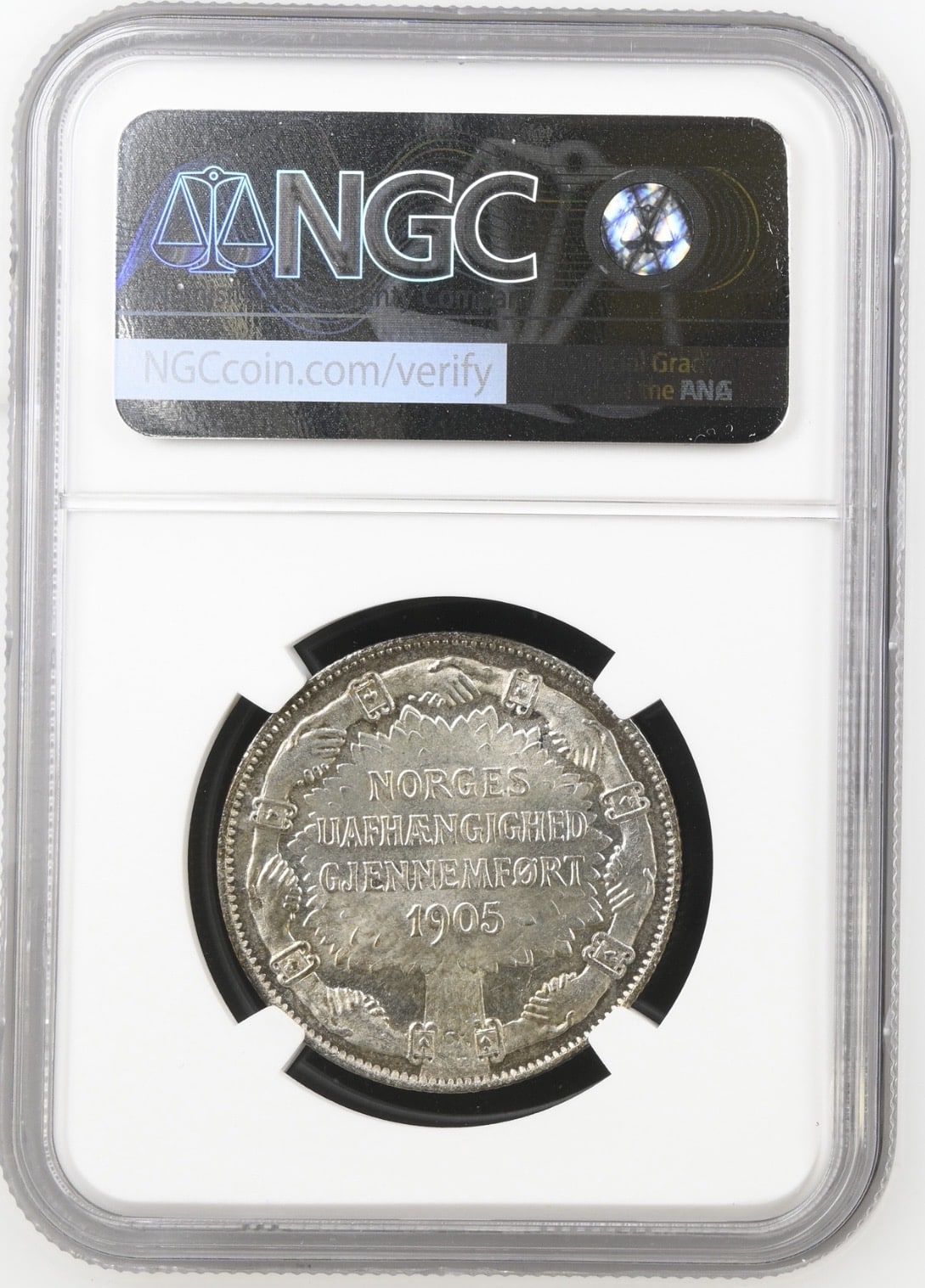 Norge, 2 kroner 1907 Independence, Sieg 70, NM 4, Kva. 0, Graderet MS 63 af NGC - Image 2