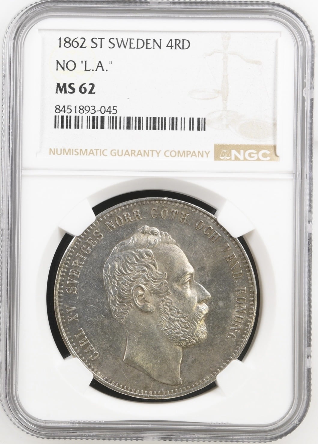 Sverige, 4 Riksdaler riksmynt 1862, KM 711, Dav 356, Delzanno 2, Kva. 0-01, Graderet MS 62 af NGC
