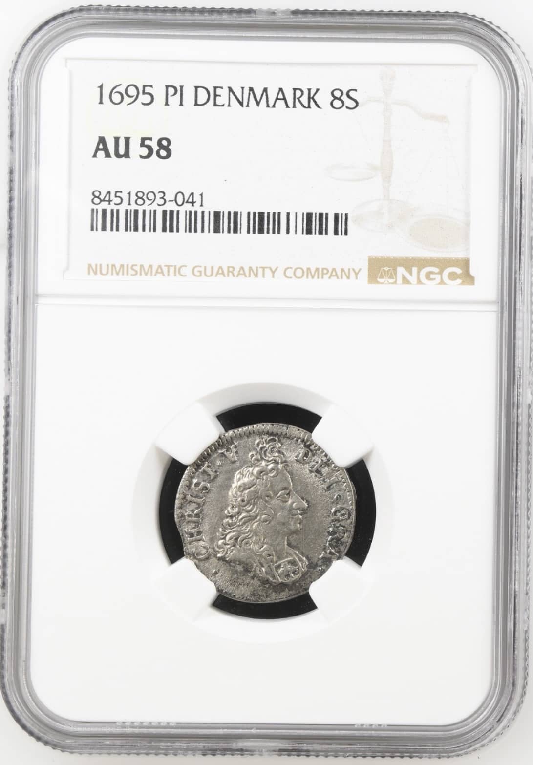 1695, 8 skilling, Chr.V, Sieg 16.1, Hede 113, Kold 143, Kva. 01, Graderet AU 58 af NGC, Ex. Karsten Kold