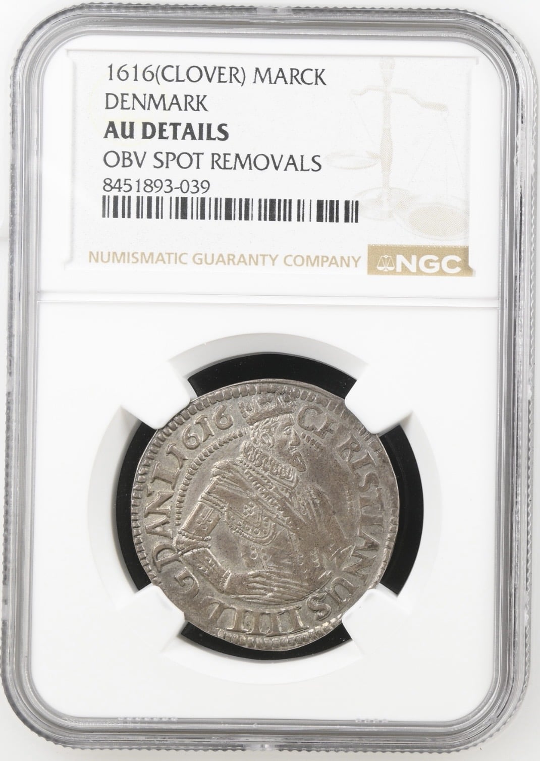1616, 1 mark, Chr.IV, Sieg 68.3, Hede 99C, Kva. 0, Graderet AU Details OBV Spot Removals af NGC