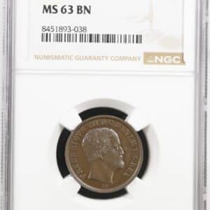 1853 VS, 1 rigsbankskilling, Fre.VII, Sieg 4, Hede 12C, Kva. Proof / M, Graderet MS 63 af NGC