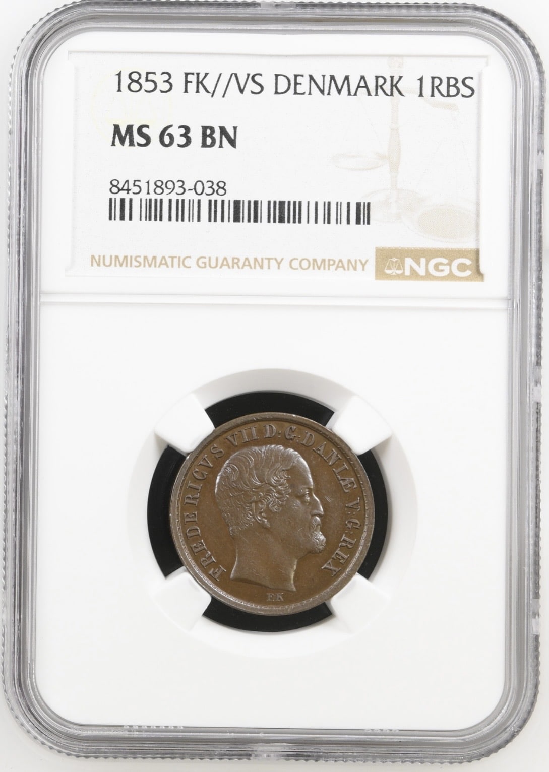 1853 VS, 1 rigsbankskilling, Fre.VII, Sieg 4, Hede 12C, Kva. Proof / M, Graderet MS 63 af NGC