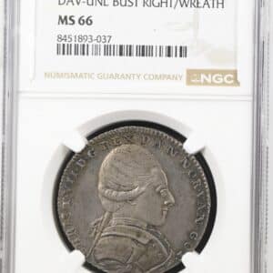 1771, 1 krone, Chr.VII, Sieg 16, Hede 23, Kva.0, Graderet MS 66 af NGC "TOP POP" Denne type, der formentlig på foranledning af Struensee blev præget i 1013 stk. i anledning af kongens fødselsdag d. 29. januar, er den sidste slået efter kronemøntfoden  Ex. Hede III, 1994, lot 501, ex. Broge, 1938, lot 810