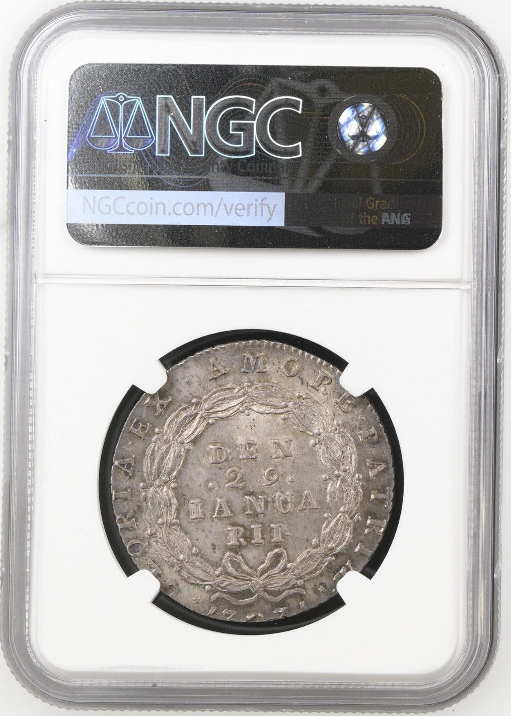 1771, 1 krone, Chr.VII, Sieg 16, Hede 23, Kva.0, Graderet MS 66 af NGC "TOP POP" Denne type, der formentlig på foranledning af Struensee blev præget i 1013 stk. i anledning af kongens fødselsdag d. 29. januar, er den sidste slået efter kronemøntfoden Ex. Hede III, 1994, lot 501, ex. Broge, 1938, lot 810 - Image 2