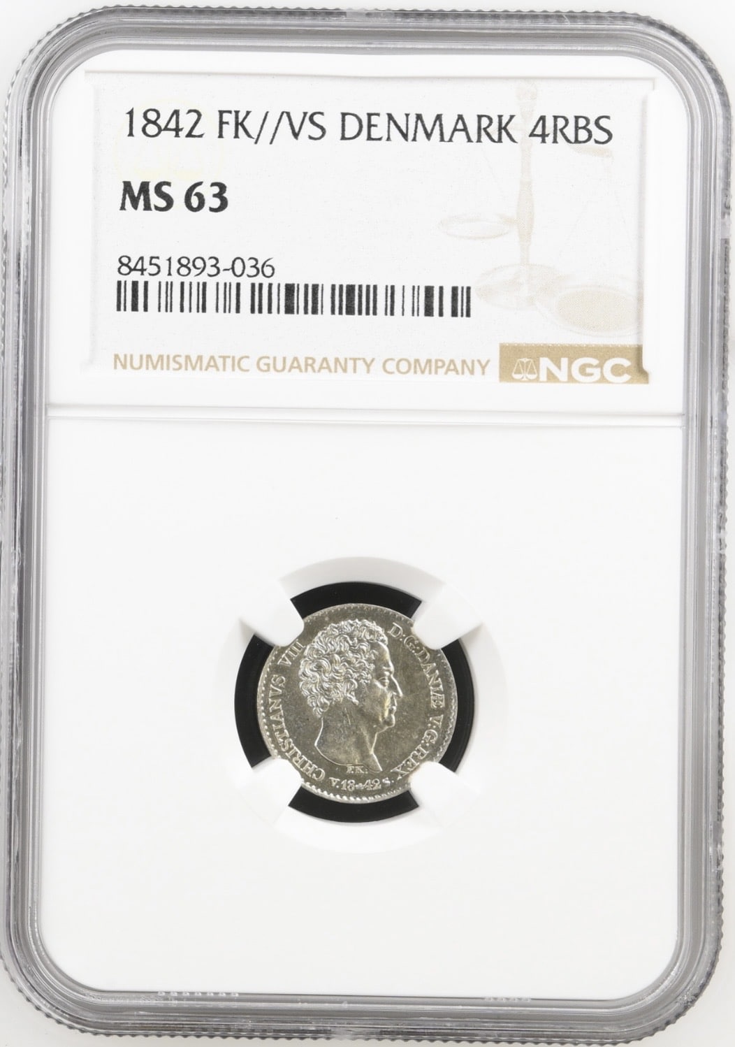 1842 VS, 4 rigsbankskilling, Chr.VIII, Sieg 8.2, Hede 8B, KVa. 0-M "Medaljeprægskarakter" Graderet MS 63 af NGC