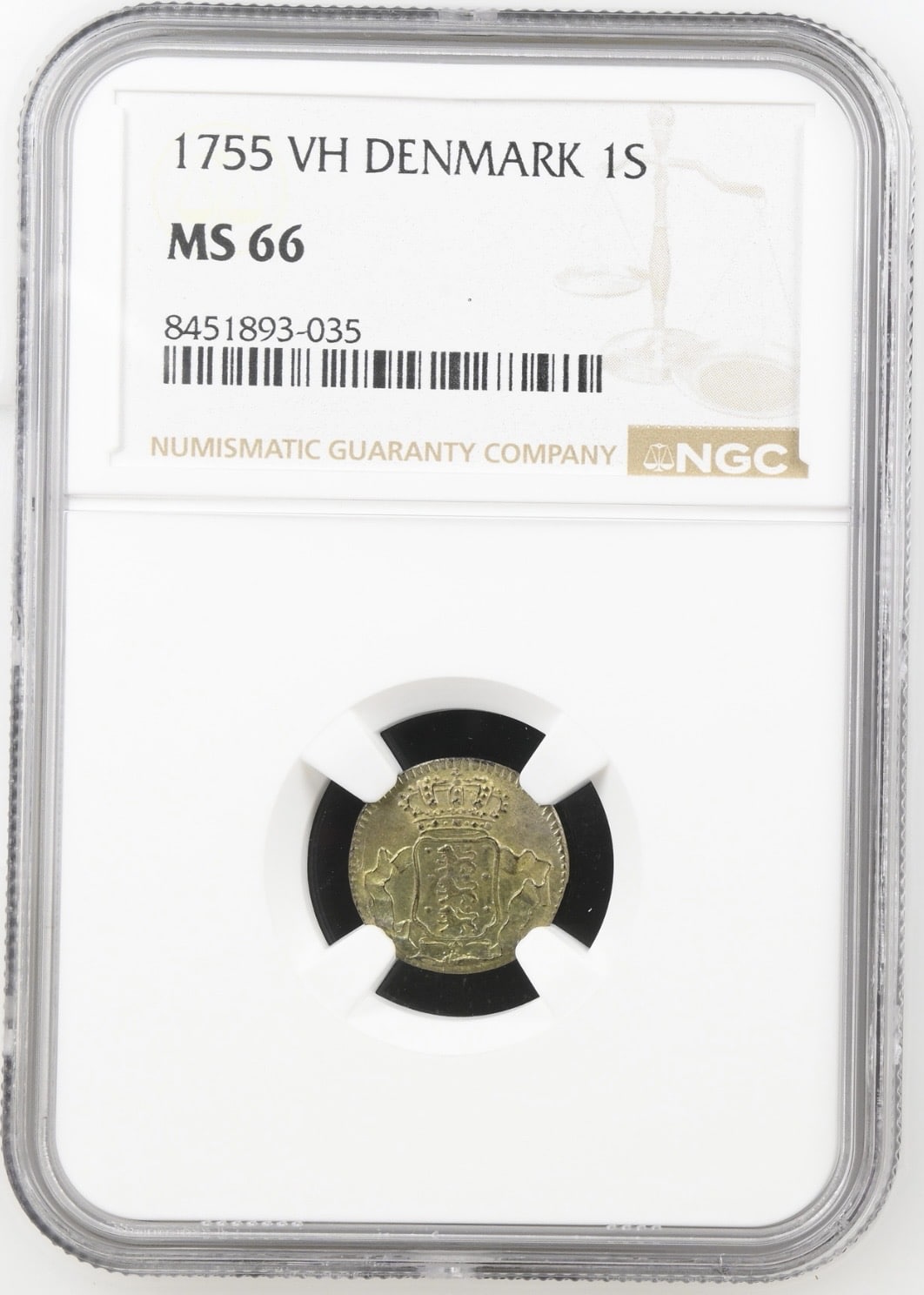 1755 VH, 1 skilling, Fre.V, Sieg 2.1, Hede 37A, Kva. 0, Graderet MS 66 af NGC "Single TOP POP"