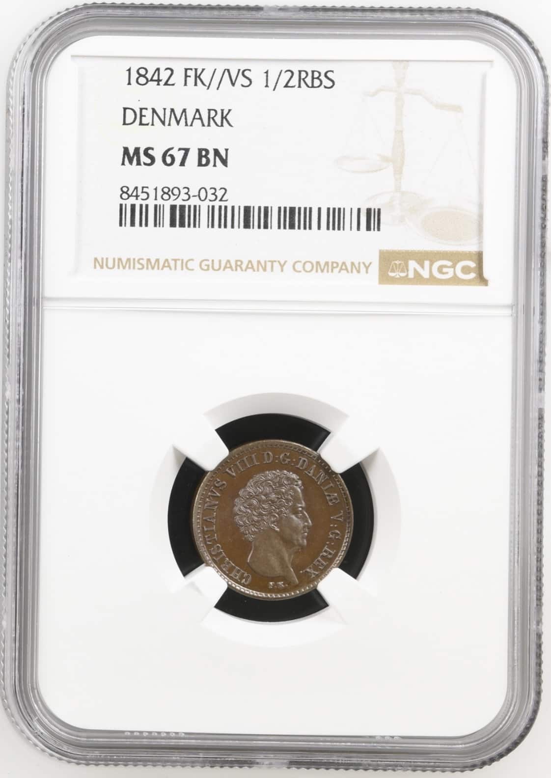 1842 VS, 1/2 rigsbankskilling, Chr.VII, Sieg 3, Hede 12, Kva. M, Graderet MS 67 BN af NGC "Single TOP POP"