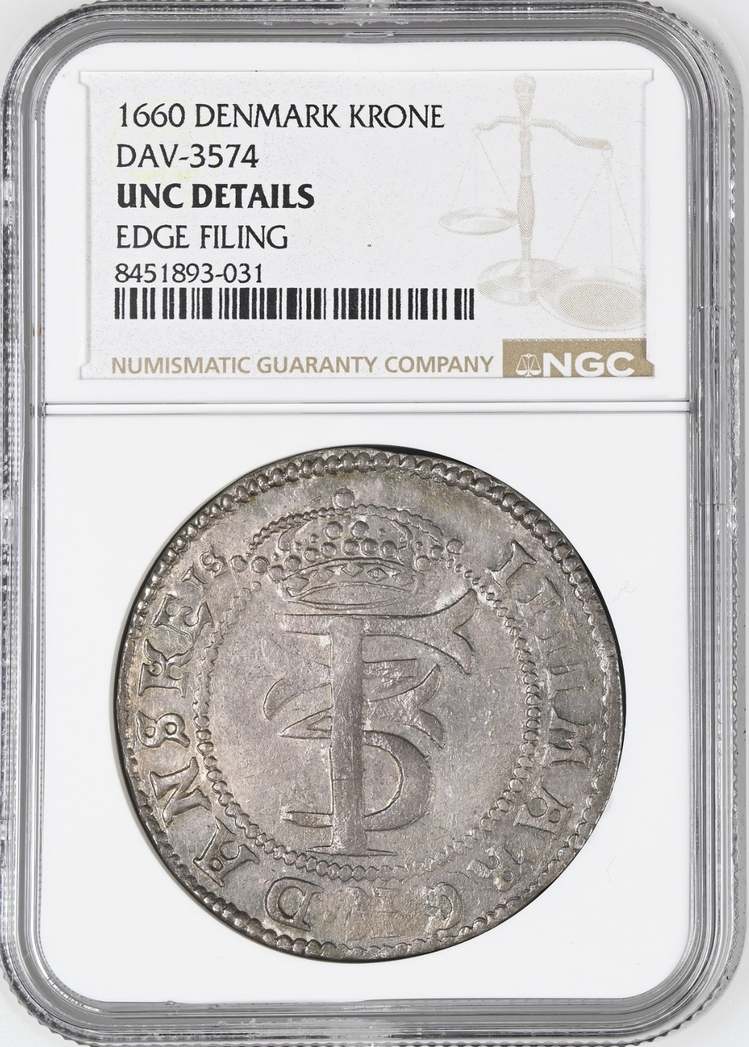 1660, 4 mark / krone, Glückstadt, Fre.III, Sieg 153.1, Hede 153A, Kva. 0-01 svage filespor på rand, Graderet UNC Details Edge af NGC