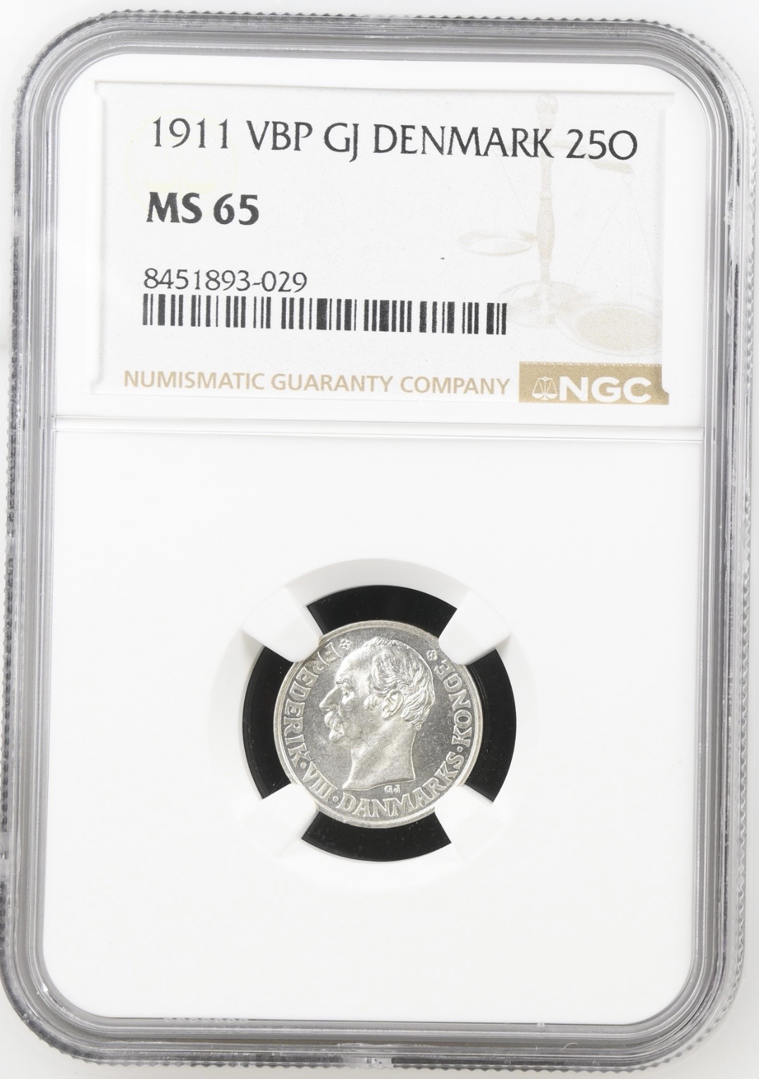 1911 VBP, 25 øre, Fre.VIII, Sieg 2, Hede 4, Kva. M, Graderet MS 65 af NGC