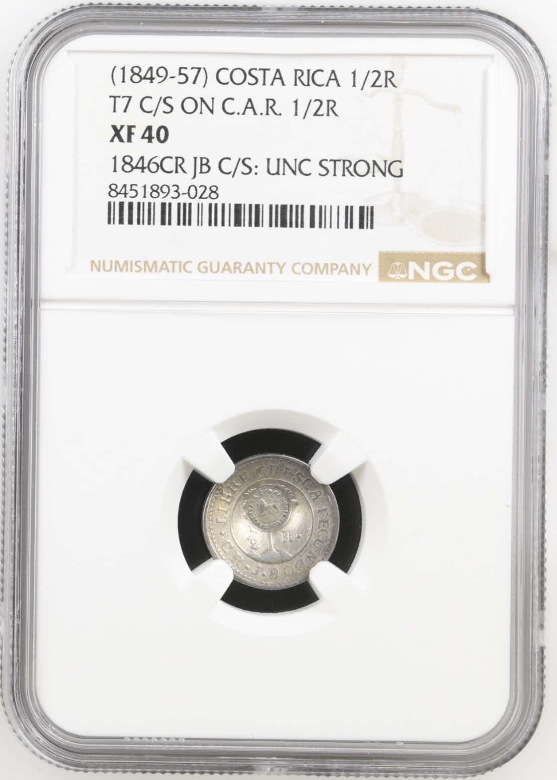 Costa Rica, 1/2 real 1846, KM 20a, T7 C/S ON C.A.R. 1/2R, 1846CR JB C/S: UNC STRONG, Kva. 1+-01, Graderet XF 40, UNC STRONG af NGC