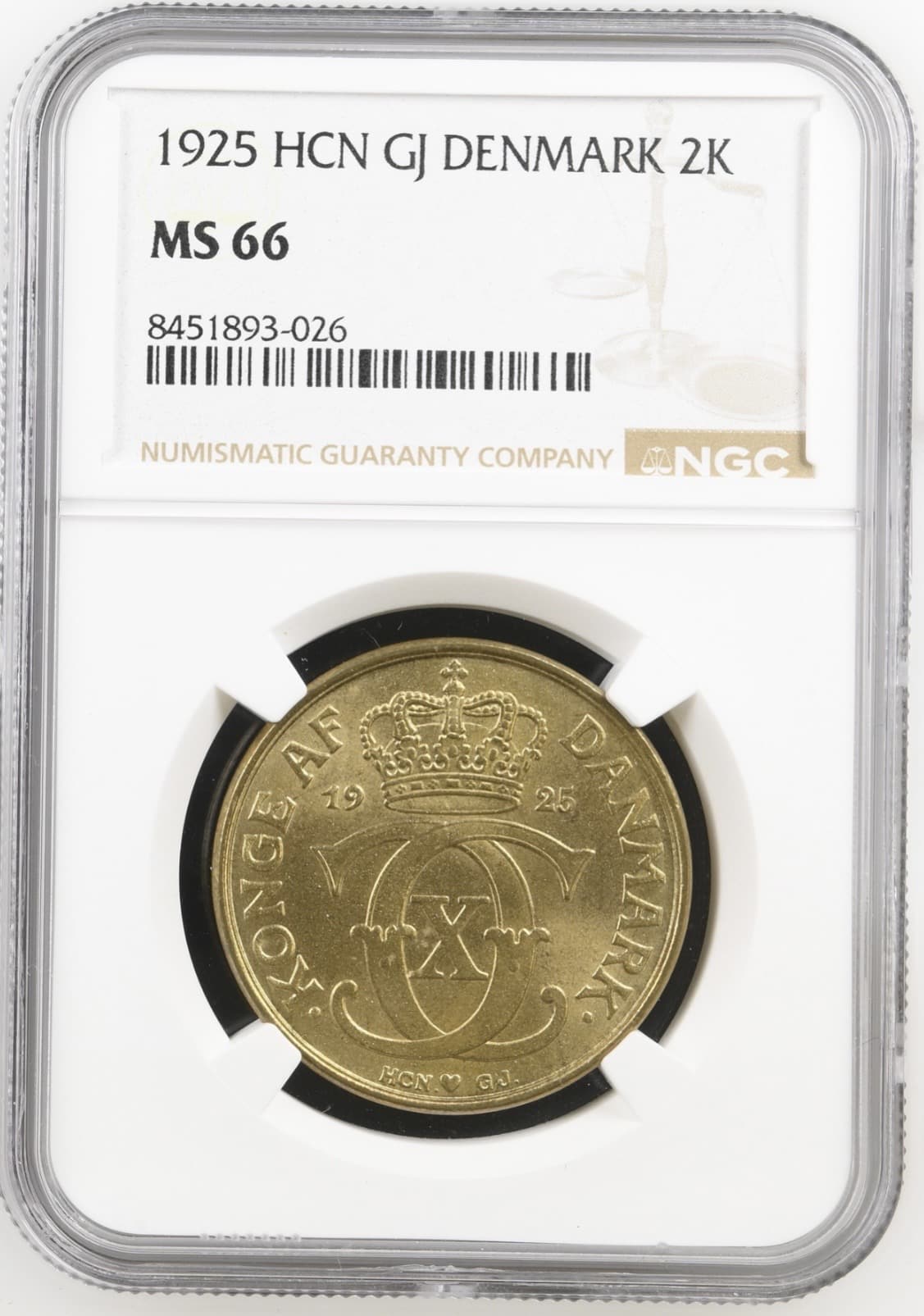 1925 HCN, 2 kroner, Chr.X, Sieg 3.1, Hede 20A, Kva. 0, Graderet MS 66 af NGC.