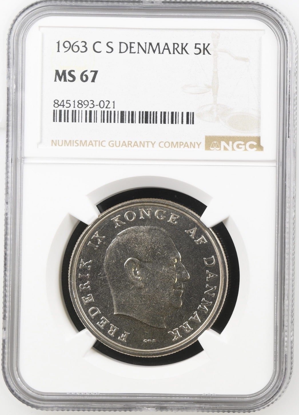 1963 C S, 5 kroner, Fre.IX, Sieg 1.1, Hede 4A, Kva. M, Graderet MS 67 af NG "Single TOP POP"