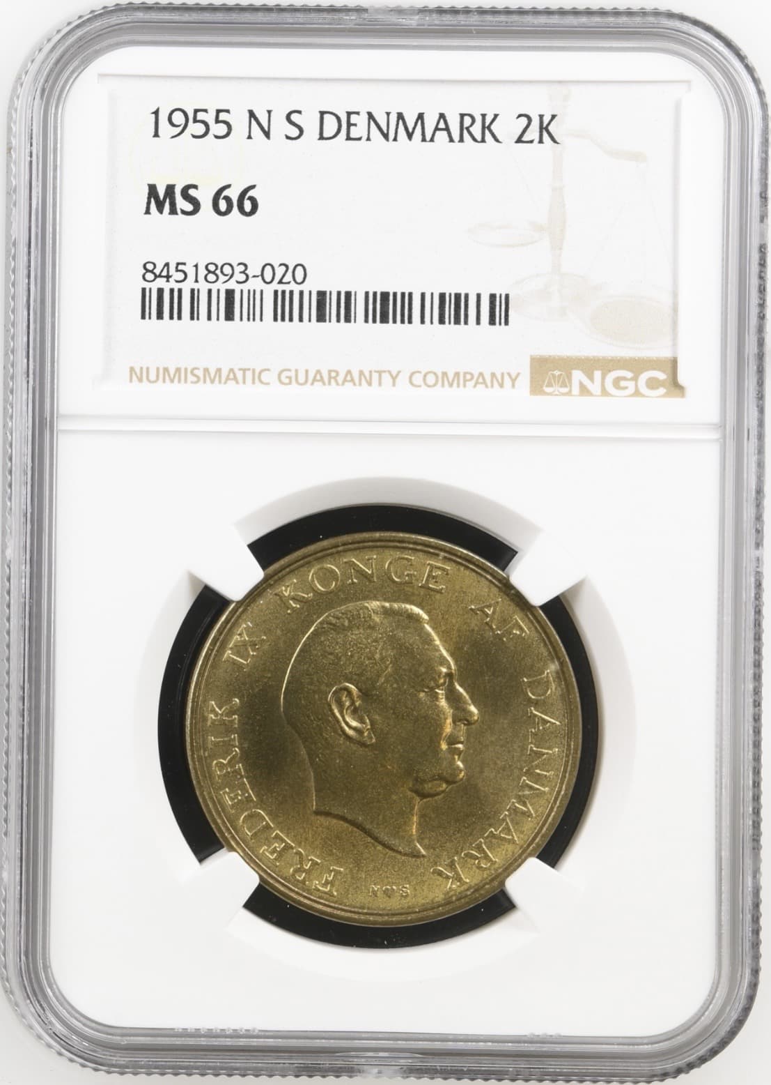 1955 N, 2 kroner, Fre.IX, Sieg 4.1, Hede 5A, Kva. M, Graderet MS 66 af NGC "TOP POP"