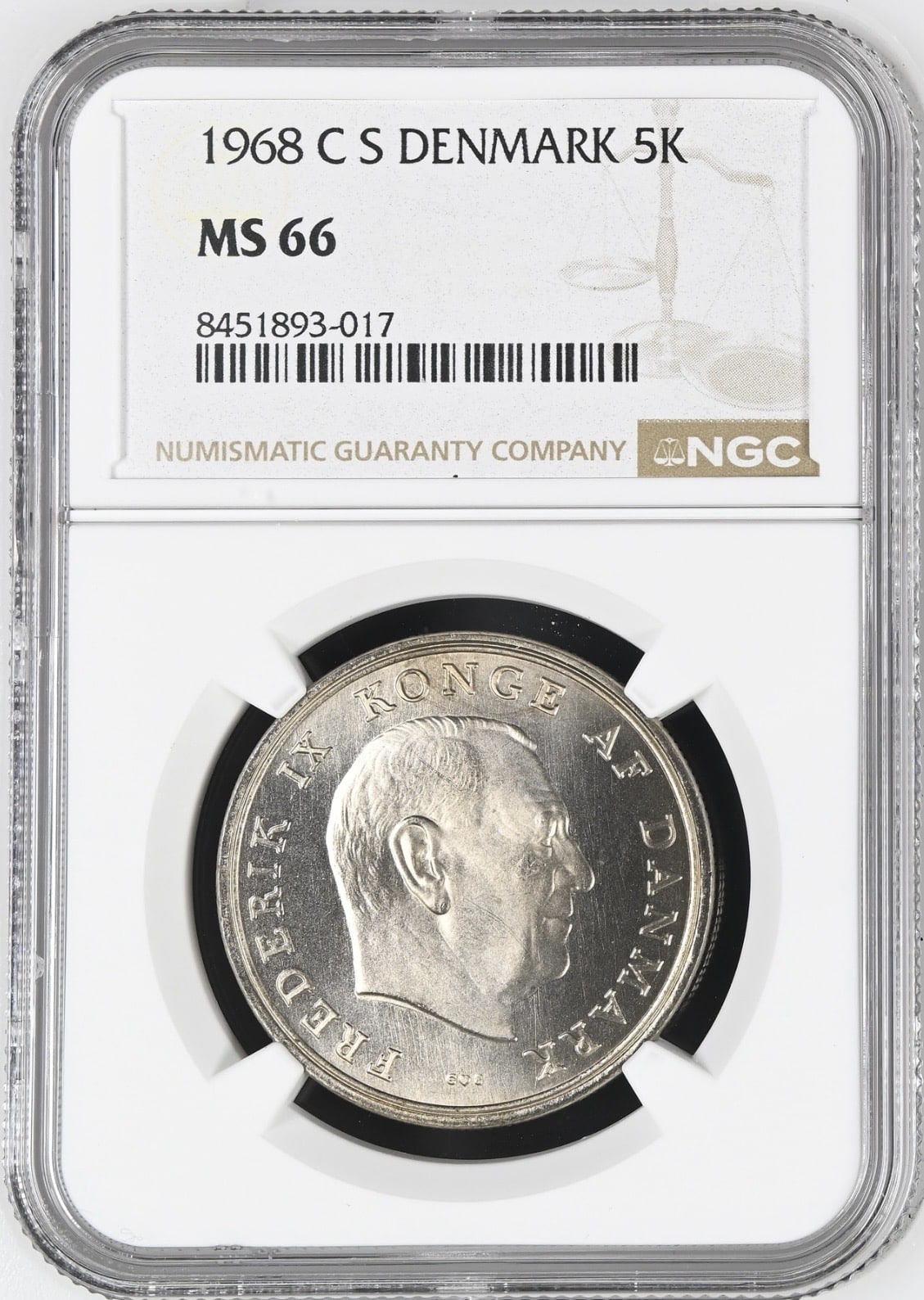 1968 C S, 5 kroner, Fre.IX, Sieg 1.1, Hede 4A, Kva. M, Graderet MS 66 af NGC.