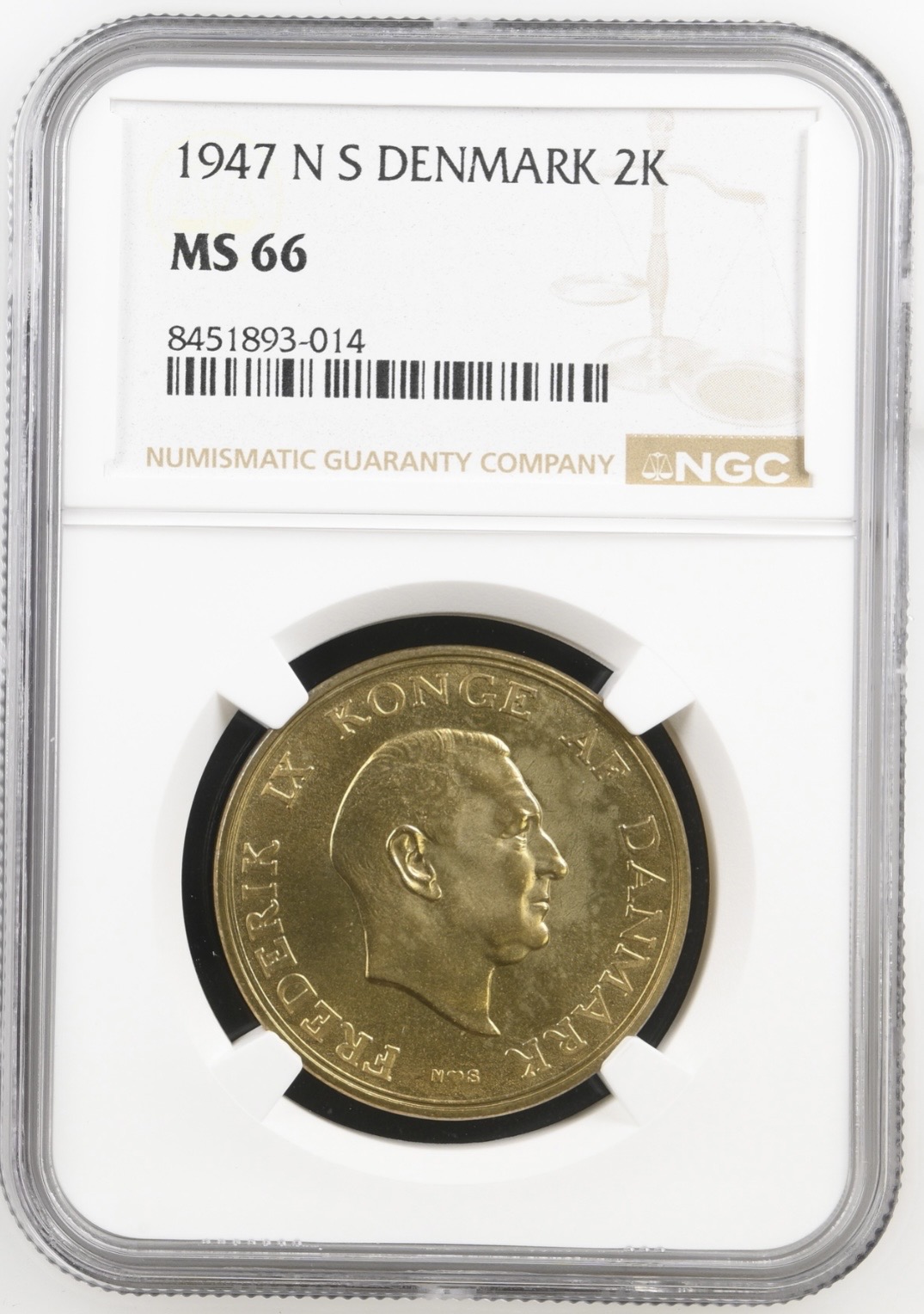 1947 N, 2 kroner, Fre.IX, Sieg 4.1, Hede 5A, Kva. M, Graderet MS 66 af NGC.