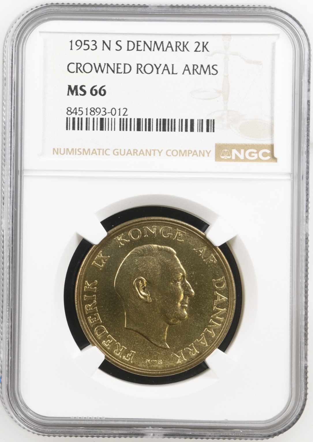 1953 N, 2 kroner, Fre.IX, Sieg 4.1, Hede 5A, Kva. M, Graderet MS 66 af NGC.