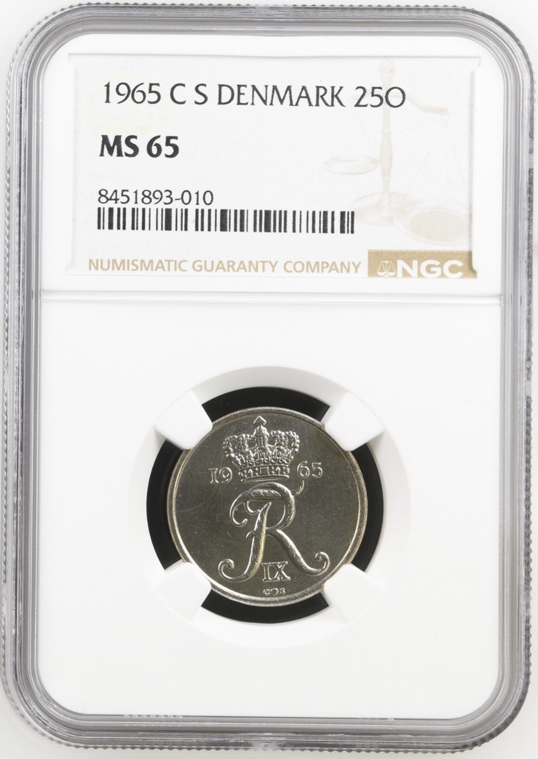 1965, 25 øre, Fre.IX, Sieg 6, Hede 9, Kva. M, Graderet MS 65 af NGC.